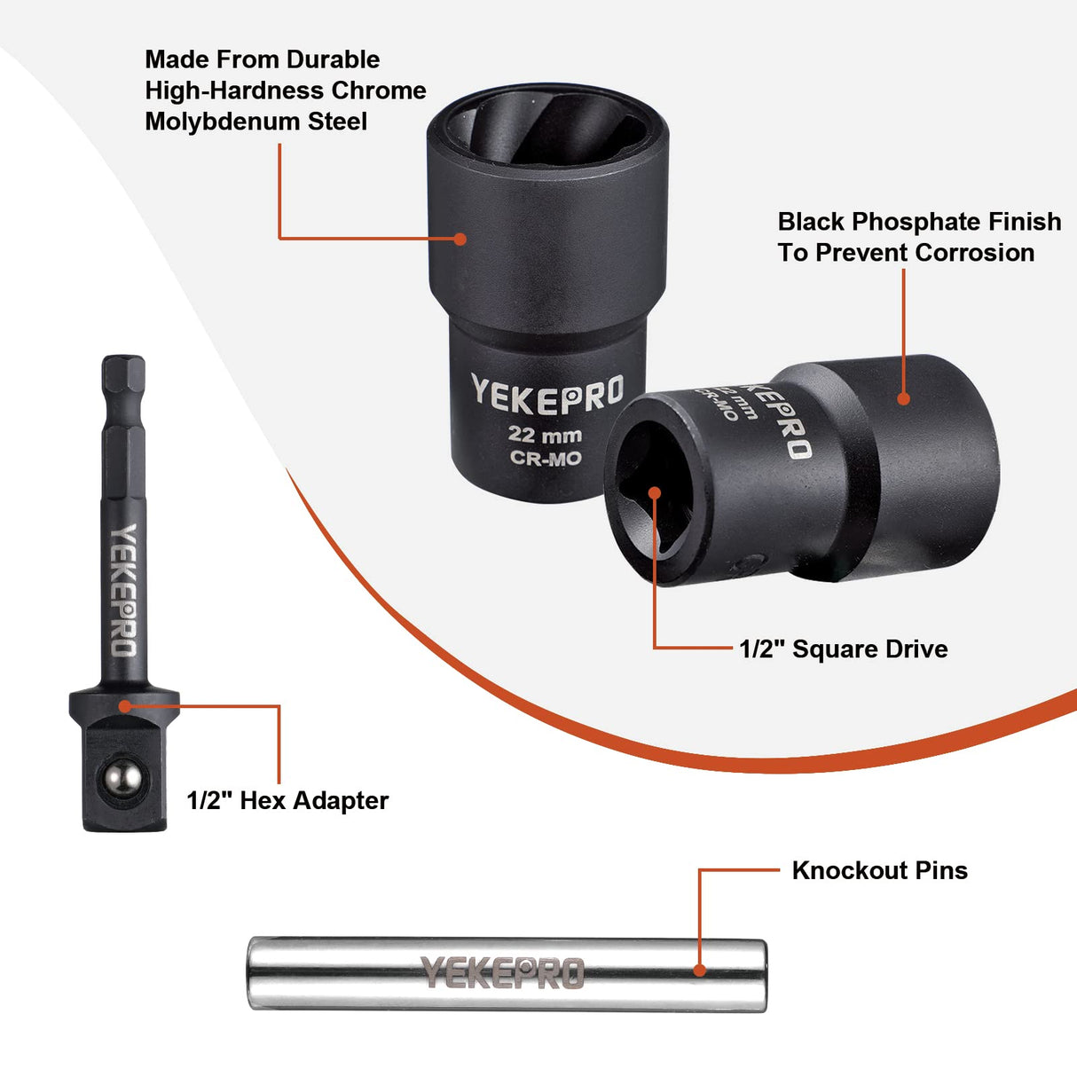 YEKEPRO 6 PCS Lug Nut Removal Tool, 1/2-inch Drive Impact Twist Socket Set & Bolt Extractor Set, Wheel Lock Removal Kit for Removing Damaged, Frozen, Rusted, Nuts & Screws, Cr-Mo Steel, T12206 YEKEPRO
