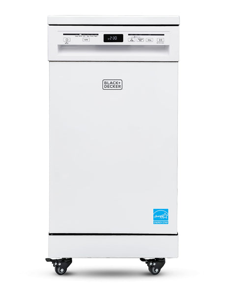 BLACK+DECKER 18” Portable Dishwasher, Compact Dish Washer with 8-Place Setting Capacity, Stainless Steel Tub, 6 Wash Programs, Worktop Space, Mobile Dishwasher with Casters, Faucet Connect, White BLACK+DECKER