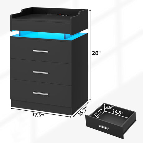 BTHFST LED Nightstand Set of 2, Large Night Stand with Charging Station, Bedside Table with Pull-Out Shelf and 3 Drawers, Modern End Table Side Table with Storage, Black BTHFST