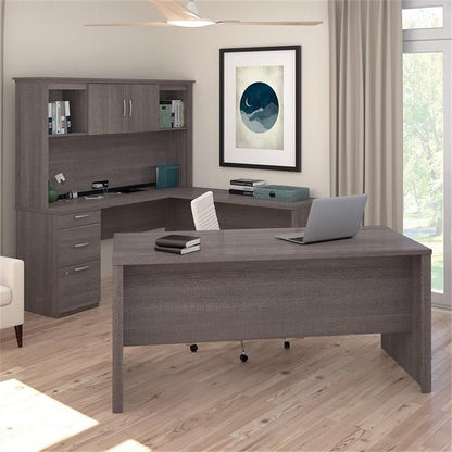 Atlin Designs Modern Wood U Shape Computer Desk with Hutch in Bark Gray