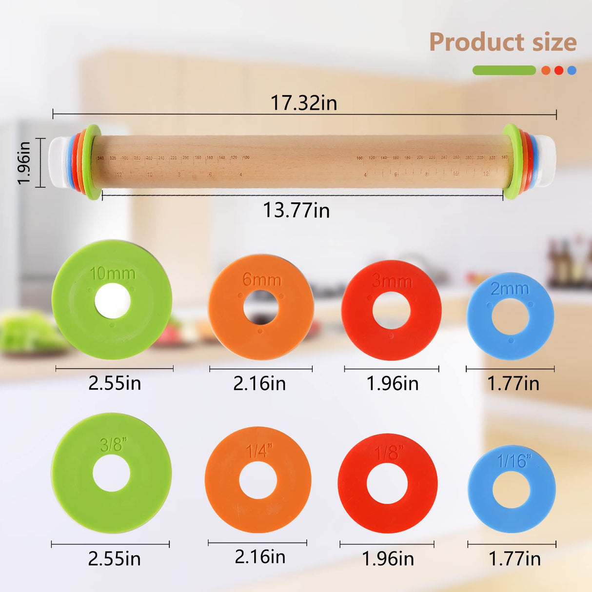 Yasashii Wood Rolling Pin With 4 Adjustable Thickness Rings, Non-stick Dough Roller For Baking, 17 Inch Pizza Roller For Kitchen supplies, Handle Press Design For Fondant, Pizza, Pie Crust, Cookie Yasashii