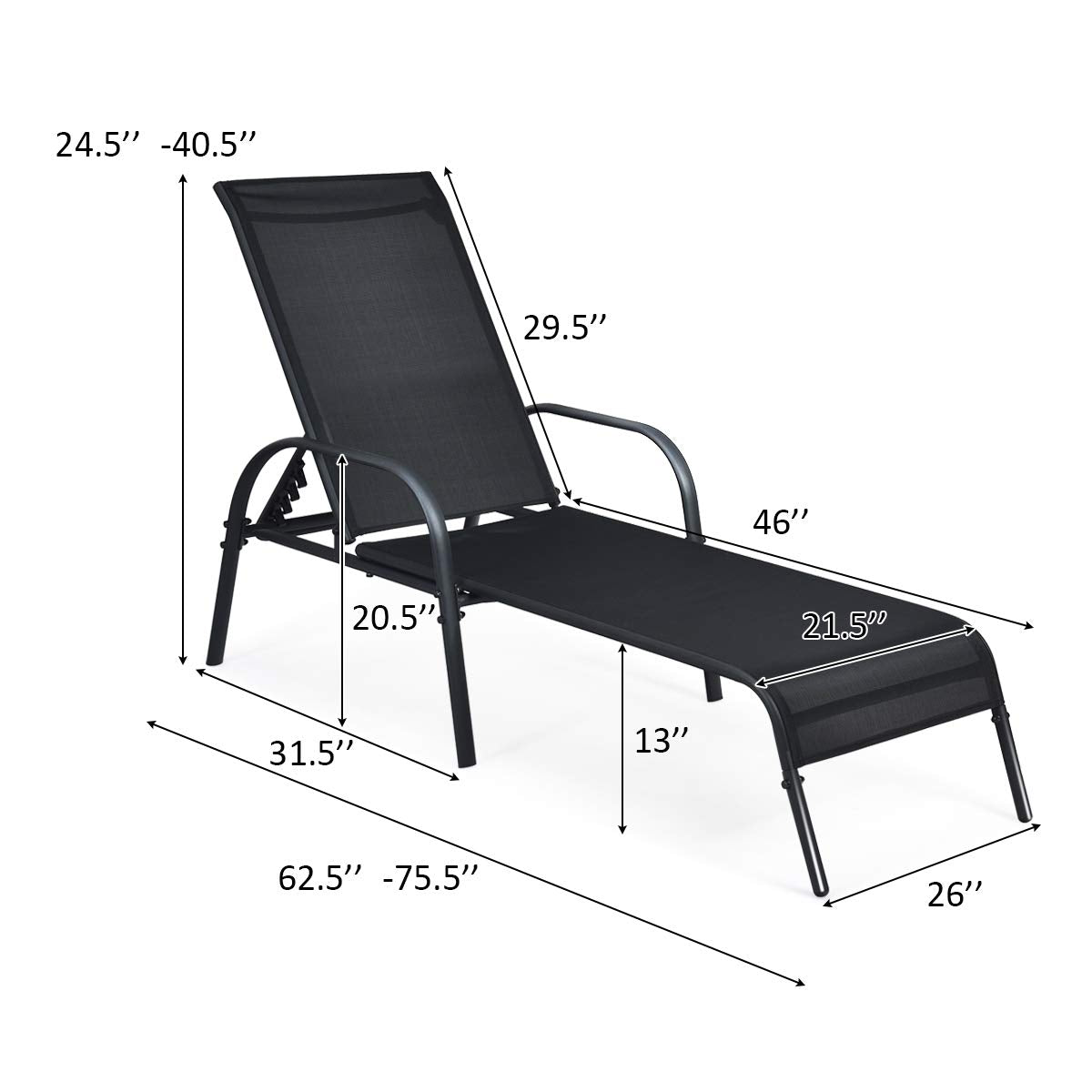 Giantex Patio Lounge Chair, Outdoor Chaise Lounge with 5 Adjustable Backrest, Sturdy Steel Frame, Sunbathing Recliner, Beach Chair, Tanning Chair for Outside, Yard, Balcony, Pool Chairs, Black Giantex