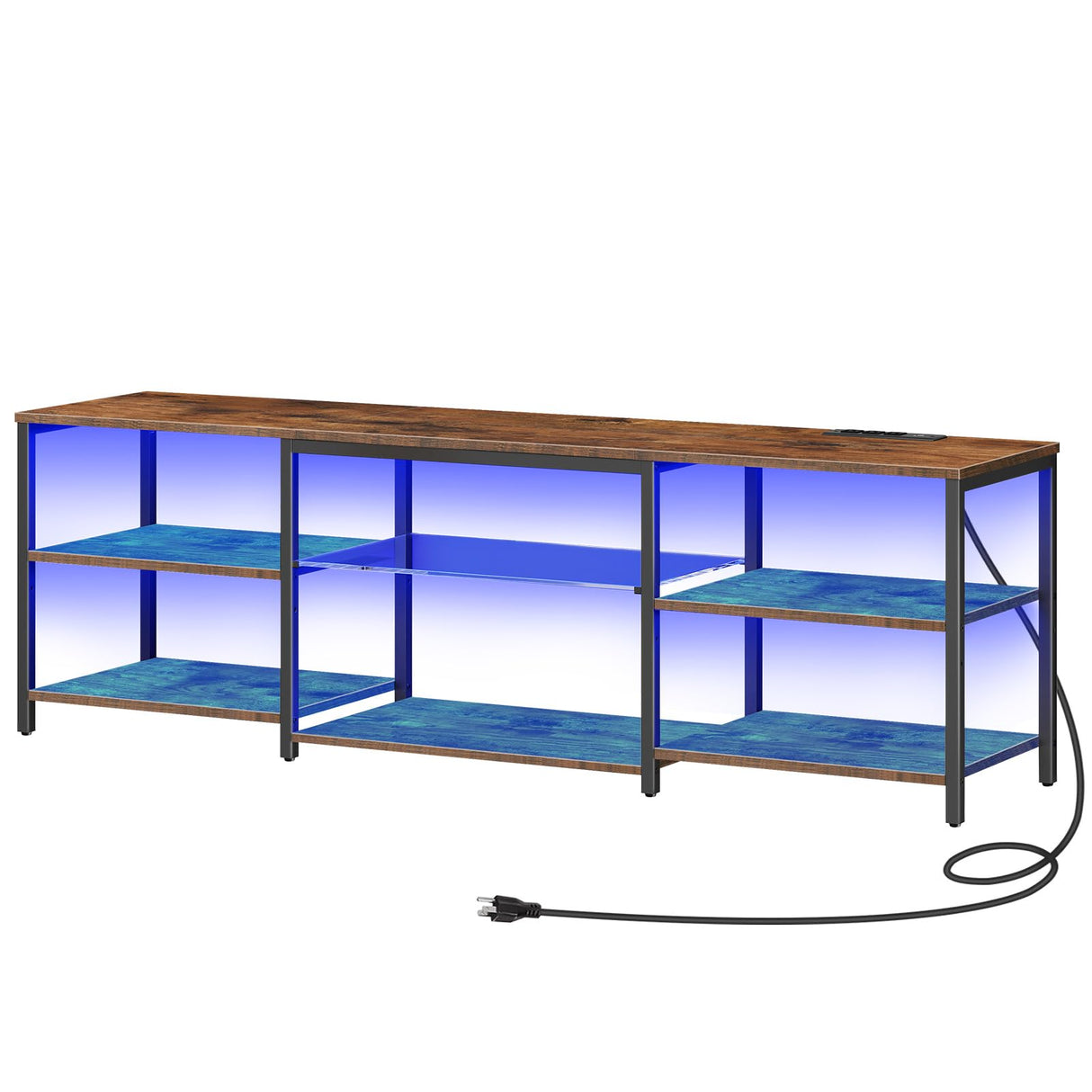 HOOBRO LED TV Stand for 75 Inch TVs with Charging Station, Gaming Entertainment Center with Open Storage, Media TV Console Table, TV Stand for Living Room, Bedroom, Rustic Brown and Black BF21UDDS01 HOOBRO