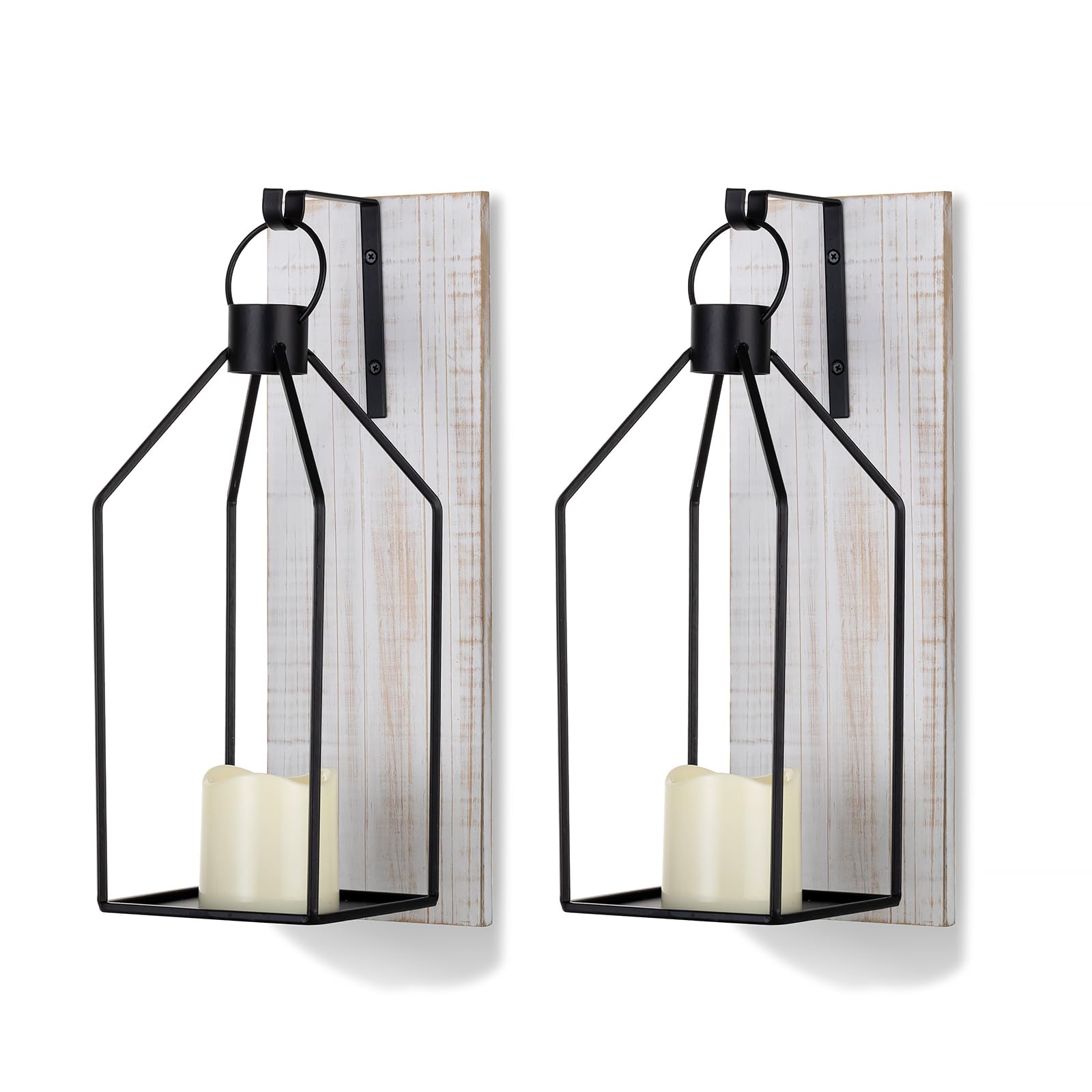 Staymoment Candle Sconces Wall Decor Set of 2: Farmhouse Wood Candle Holder - Indoor Black Metal Lantern Decorations for Living Room Front Porch Yard, Washwhite - WoodArtSupply