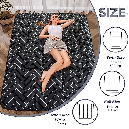 MAXYOYO Black Geometric Pattern Futon Mattress, Japanese Floor Mattress Quilted Bed Mattress Topper, Extra Thick Folding Sleeping Pad Breathable Floor Lounger Guest Bed for Camping Couch, Queen MAXYOYO