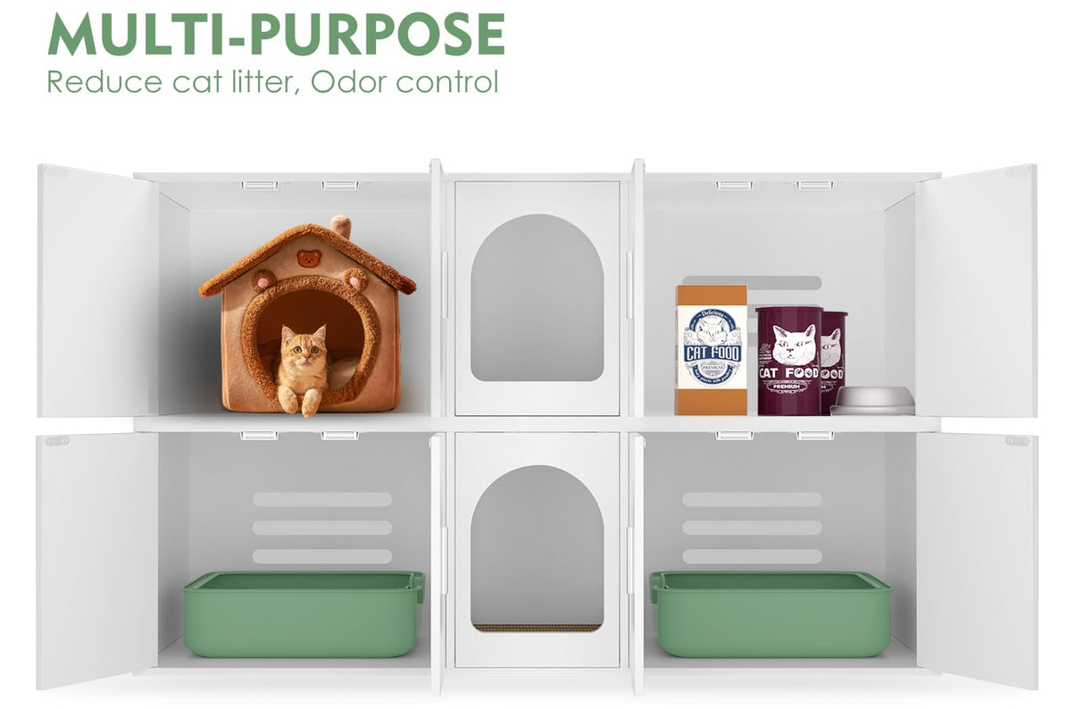 Amunrbrek Litter Box Enclosure for 2 Cats, Cat Litter Box Enclosure Furniture with Double Room, Wooden Litter Box Furniture with Cat Door, White amunrbrek