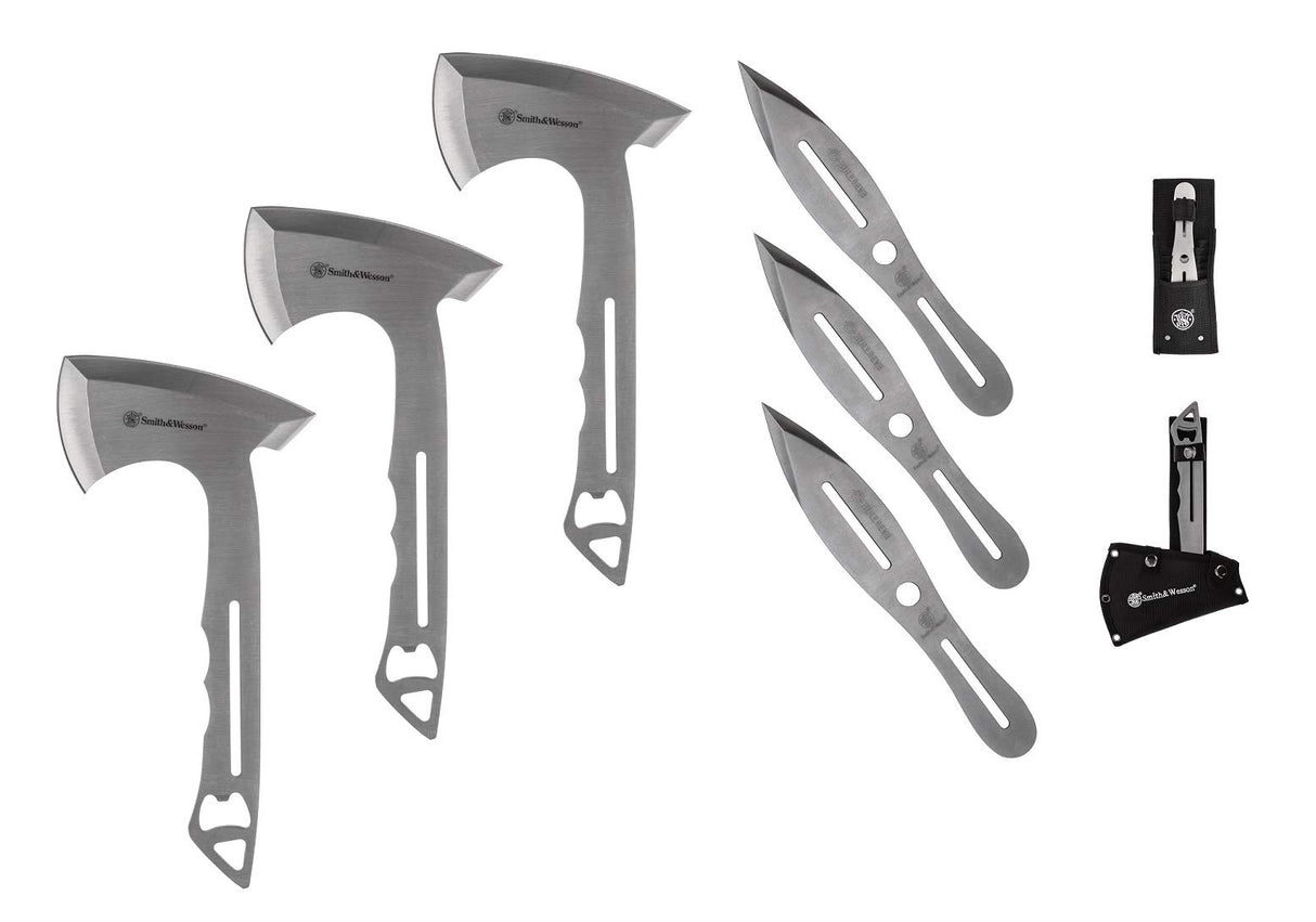 Smith & Wesson 8in Throwing Knives and 10in Axes Combo with Full Tang Stainless Steel Design, Bottle Opener and Nylon Sheaths for Recreation and Competition Smith & Wesson