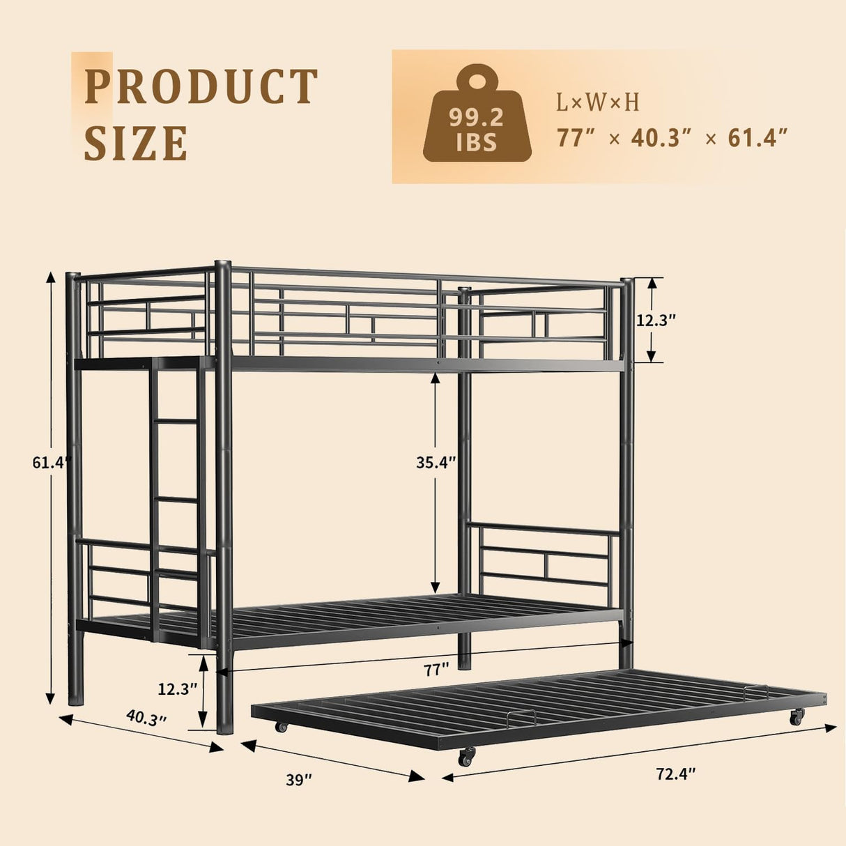 Twin Over Twin Bunk Bed with Trundle, Metal Bunk Beds with 2 Ladder and Guardrails, Convertible Triple Bunk Bed for Kids, Teens and Adults, No Box Spring Needed, Space Saving (Black) AYJOIR