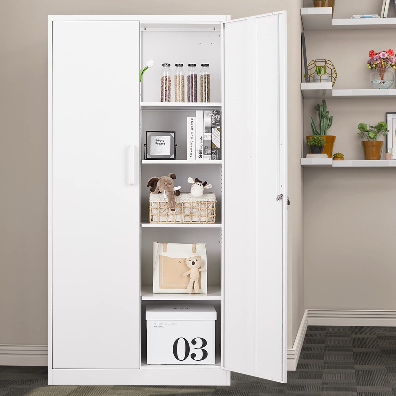 MIIIKO Storage Cabinet with Locking Doors, 72" White Metal 5-Shelf Cabinet, 36" Wide Snaplt Steel Cabinet for Home Office, Pantry, School… - WoodArtSupply