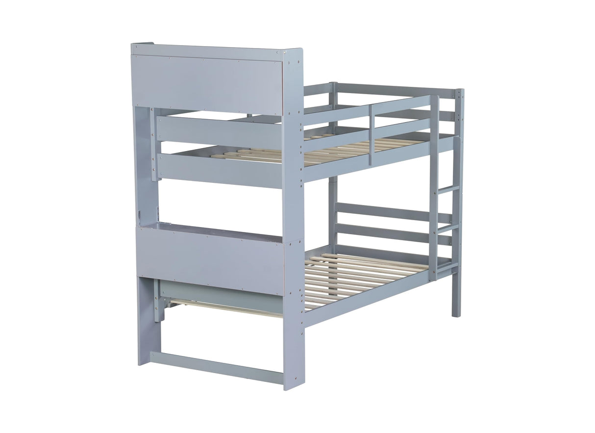 JIJIWANG Twin Over Twin Bunk Bed with Bookcase and Storage Solid Wood Bunk Beds Frame with Shelves, Convertible to 2 Beds, Grey JIJIWANG