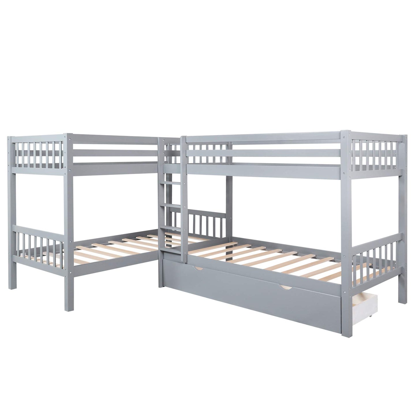 MERITLINE L-Shaped Bunk Beds for 4, Twin Over Twin Bunk Beds with Storage Drawers, Solid Wood Quad Bunk Beds for Kids, Teens, Girls,Boys, Grey