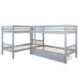 MERITLINE L-Shaped Bunk Beds for 4, Twin Over Twin Bunk Beds with Storage Drawers, Solid Wood Quad Bunk Beds for Kids, Teens, Girls,Boys, Grey MERITLINE