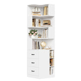 FACBOTALL 76.8” Corner Bookshelf with 3 Drawers and 3 Side Storage Cubbies, L Shaped Tall Bookshelf and Bookcase, 4 Tier Corner Bookcase, Wood Narrow Book Shelf for Living Room, Office, White FACBOTALL