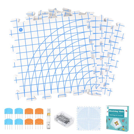 Yarniss Blocking Mats for Knitting with Circular Gridlines 12.6“x12.6”, Double-Sided Crochet Blocking Board Set Includes 50 T-Pins & 8 Combs,4 Packs Yarniss
