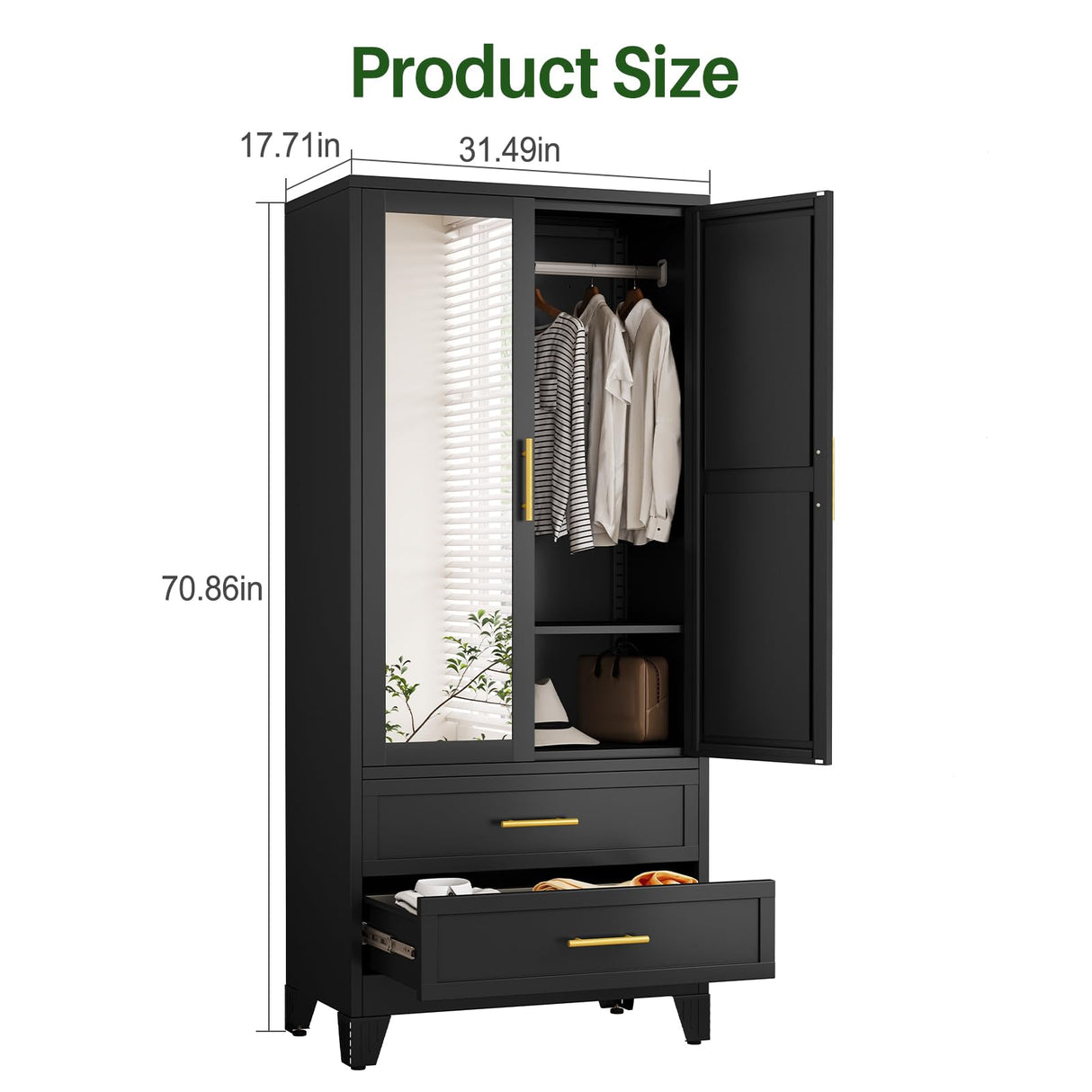 winiowa Metal Armoire Wardrobe Closet with 2 Drawers, 71" Wardrobe Cabinet with Adjustable Shelves and Hanging Rod, Clothing Storage Cabinet Closet with Mirror for Bedroom-Black winiowa