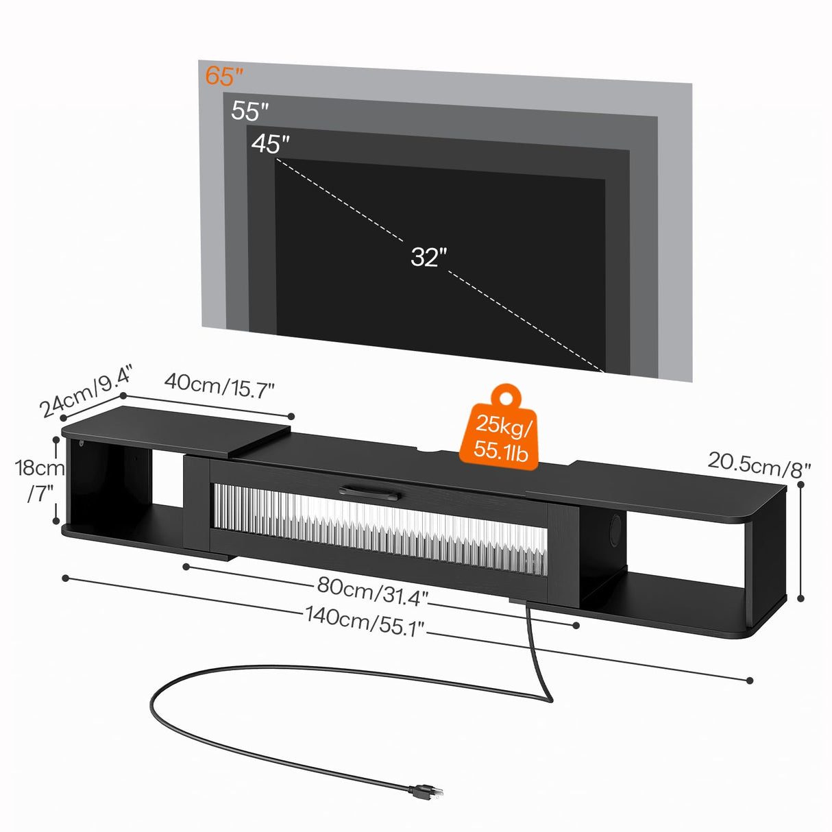 HOOBRO Floating TV Stand with LED Light Power Outlet for TVs up to 65”, Wall Mounted TV Shelf, Modern Media Console Entertainment Center Under TV, for Living Room Bedroom, Black BK34UDDS01G1 HOOBRO