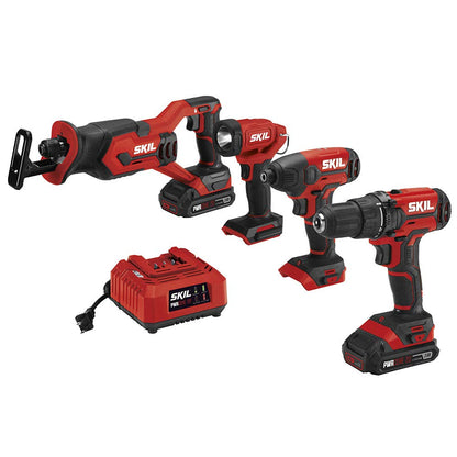 SKIL 4-Tool Kit: 20V Cordless Drill Driver, Impact Driver, Reciprocating Saw and LED Spotlight, Includes Two 2.0Ah Lithium Batteries and One Charger - CB739601, White - WoodArtSupply