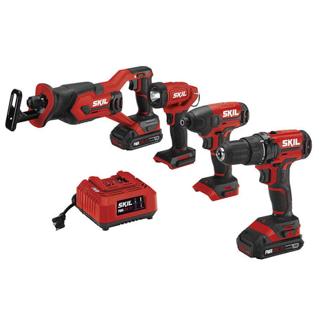 SKIL 4-Tool Kit: 20V Cordless Drill Driver, Impact Driver, Reciprocating Saw and LED Spotlight, Includes Two 2.0Ah Lithium Batteries and One Charger - CB739601, White Skil