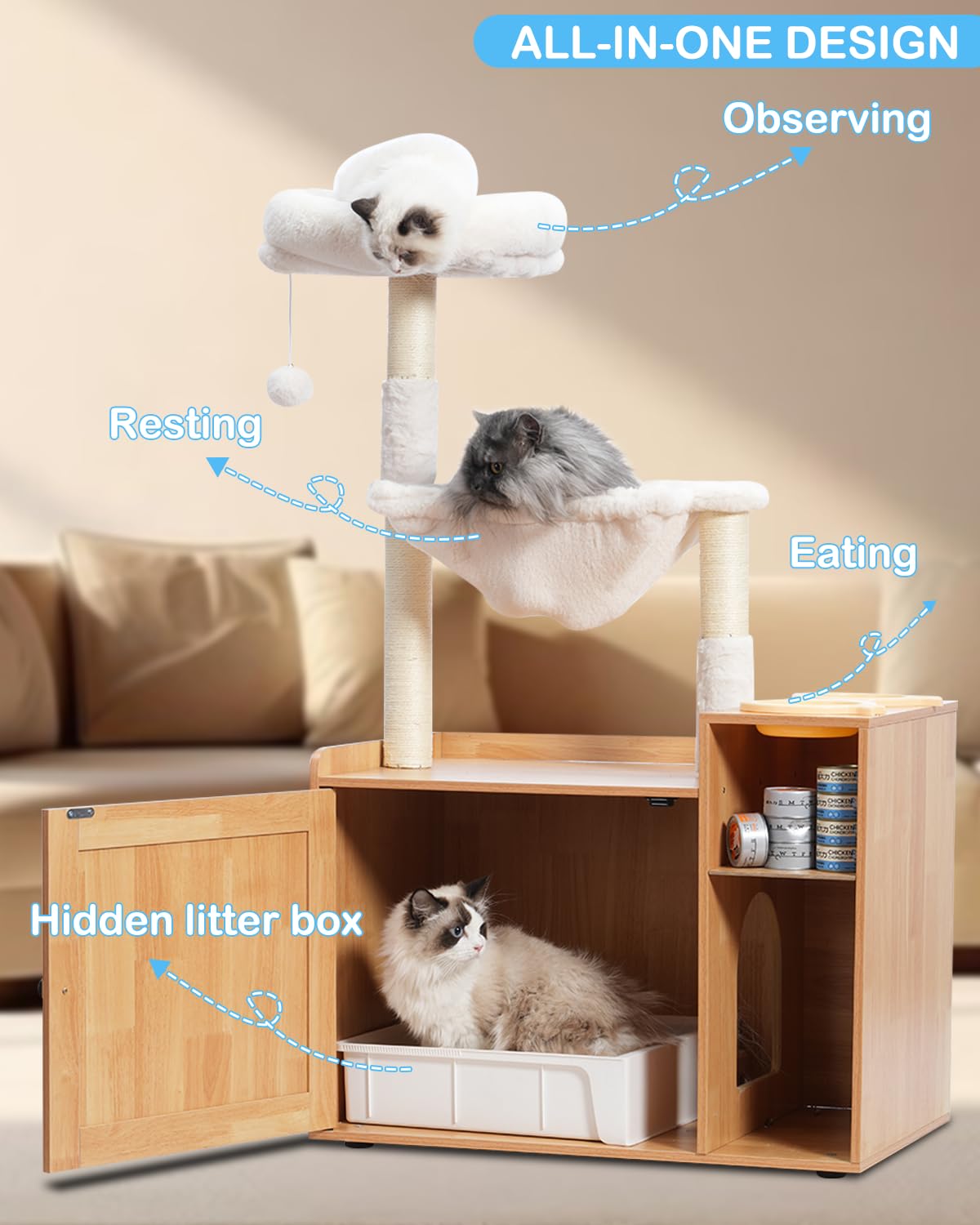 Hey-brother Cat Tree with XL Litter Box Enclosure, All-in-one Cat Tower for Indoor Cats with Large Hammock, Bed, Food Station, Scratching Posts, Modern Style Pet Furniture, Wood Walnut MPJ101 - WoodArtSupply