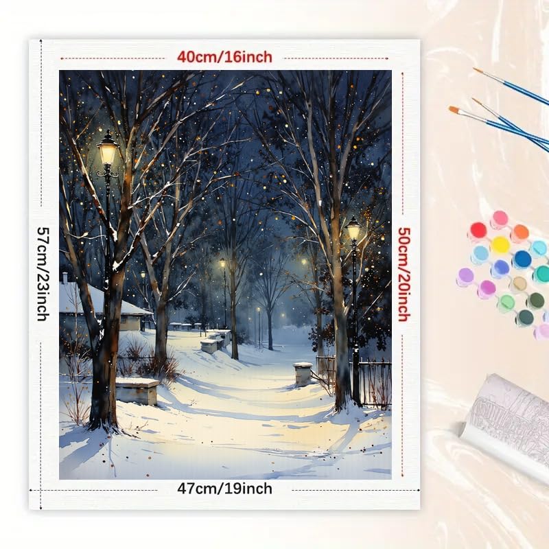Winter Landscape Paint by Numbers Kit for Adults - DIY Snowy Park Path with Lanterns Painting on Canvas 16x20 Inches, Acrylic Paint Set, Suitable for Beginners, Art for Home Decoration or Gifts DecorFriday