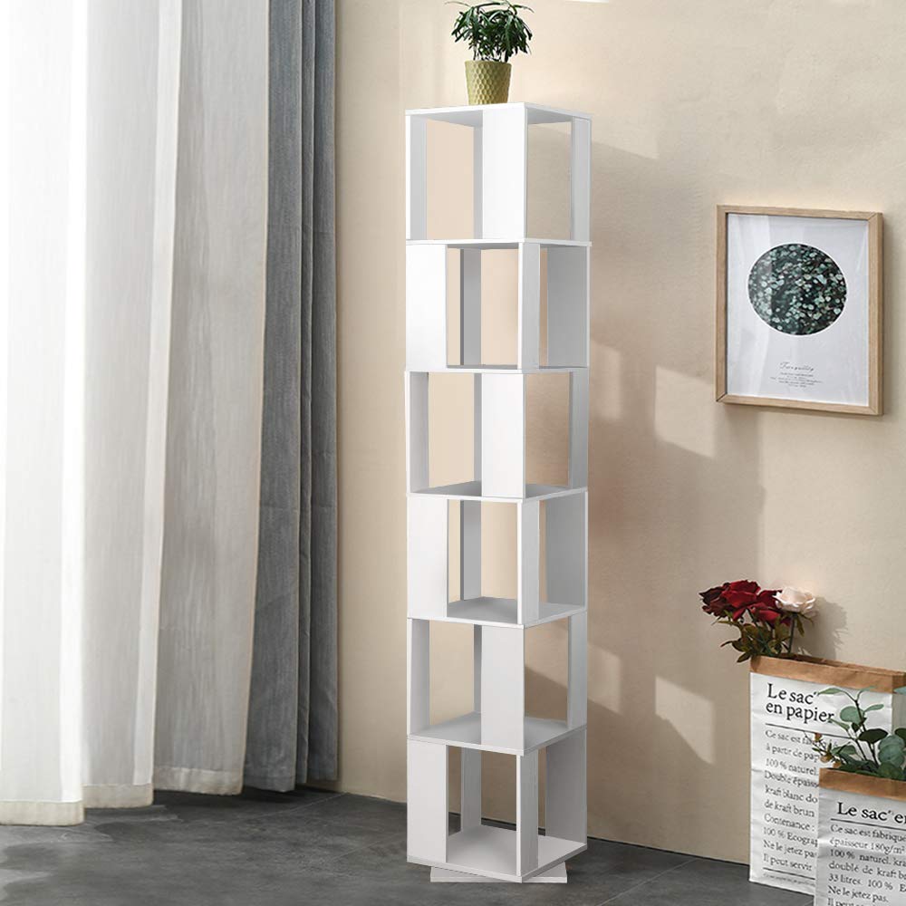 Modern 6-Tier Rotating Wooden Bookcase in White – Stylish Corner Storage Display Rack QIHANG-US