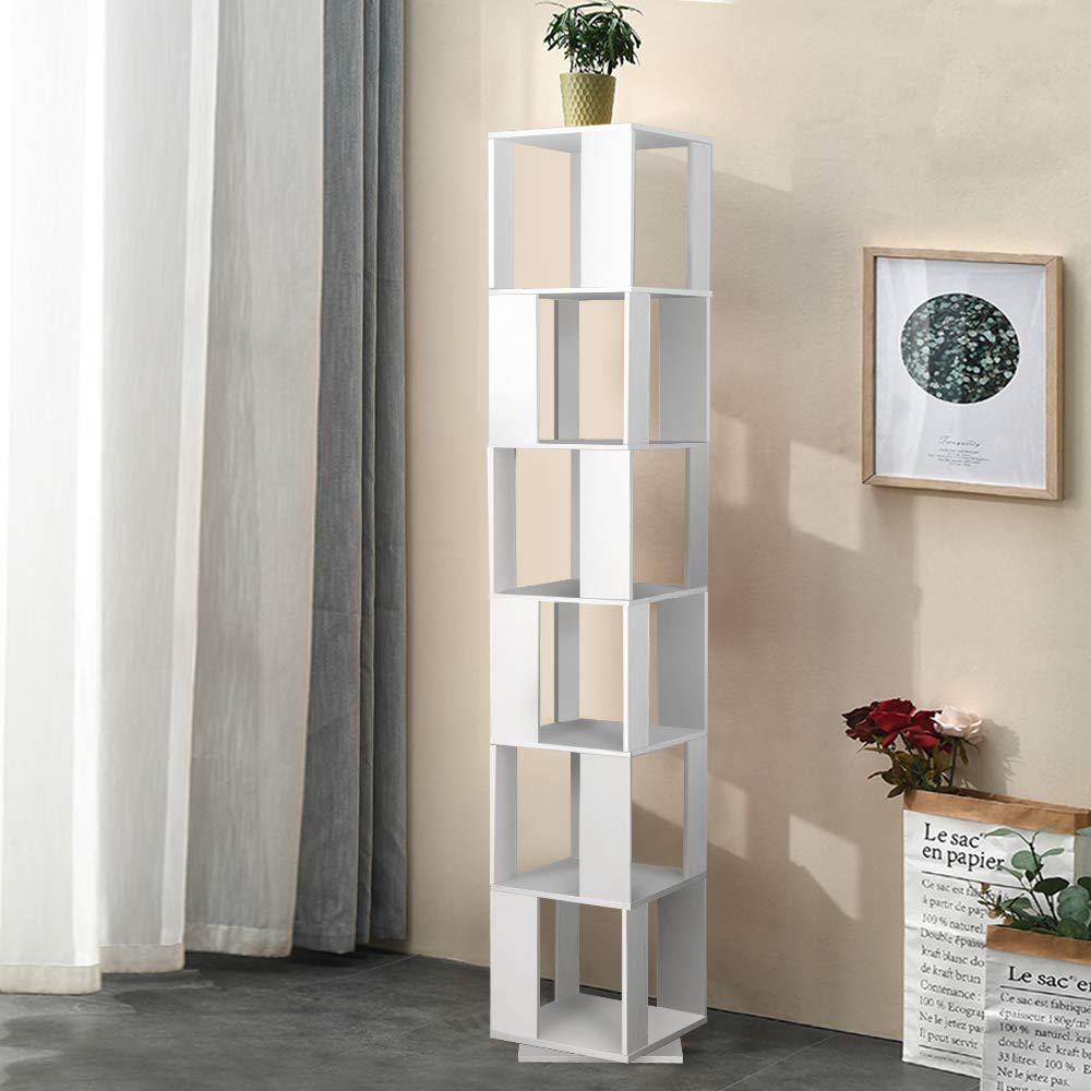 Modern 6-Tier Rotating Wooden Bookcase in White – Stylish Corner Storage Display Rack - WoodArtSupply