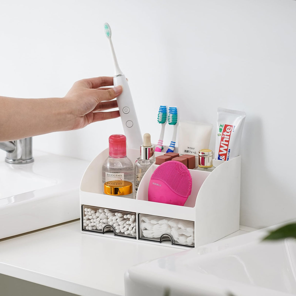 VITVITI Toothbrush Holders for Bathrooms Countertop, 5 Slots Toothpaste Bathroom Counter Sink Organizer with Drawers, Plastic Bathroom Organizer for Vanity/Makeup/Office White VITVITI