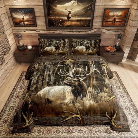Erosebridal Rustic Deer Comforter Set for Cabin Lodge Vintage Elk Moose Antlers Bedding Set King Size Farmhouse Woodland Quilt Hunting Animal Duvet Insert with 2 Pillowcases Home Room Decor Erosebridal