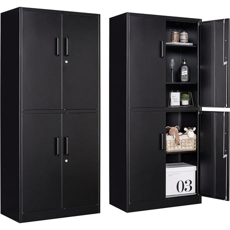 Metal Storage Cabinet with 3 Adjustable Shelves,Garage Storage Cabinet with Lock,Black Metal Cabinet with Locking Doors,Steel Cabinet 4 Doors,71" Lockable Storage Cabinet for Garage,Home,Office SISESOL