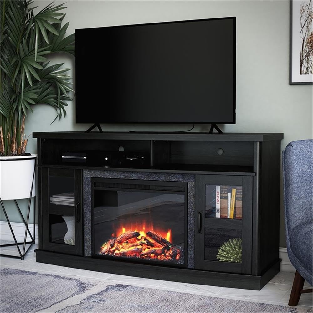 Ameriwood Home Barrow Creek Fireplace TV Stand for TVs up to 60 Inch, Replaceable Electric Fireplace Insert Heater, Remote Control, Timer, Realistic Log and Flame Effect, Black Oak