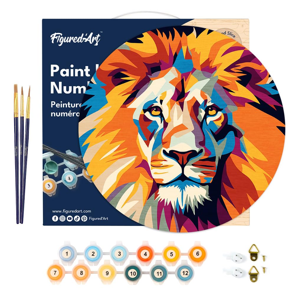 Figured'Art Paint by Numbers Kit for Adults on Wood Slice, 11.8in Diameter - Lion - Craft Art Painting DIY Canvas Figured'Art