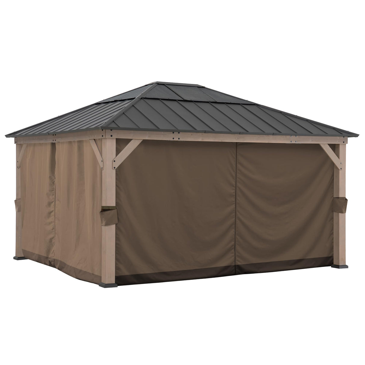 SUNJOY Replacement Curtains for 13 ft. × 15 ft. Wood-Framed Gazebos, Brown Sunjoy