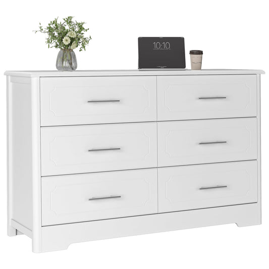 HOSATCK 6 Drawer Dresser, Modern White Wide Chest of Drawers with Metal Handels, Wood Double Dresser, Storage Chest Organizers for Living Room, - WoodArtSupply