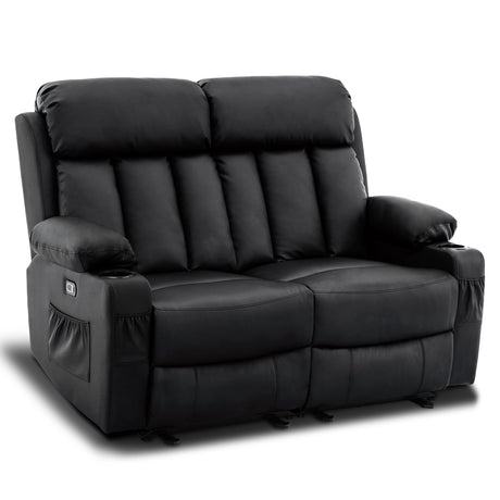 MCombo Power Loveseat Recliner, Electric Reclining Loveseat Sofa with Heat and Vibration, Cup Holders, USB Charge Port for Living Room 6075 Faux Leather (Loveseat Recliner, Black) MCombo