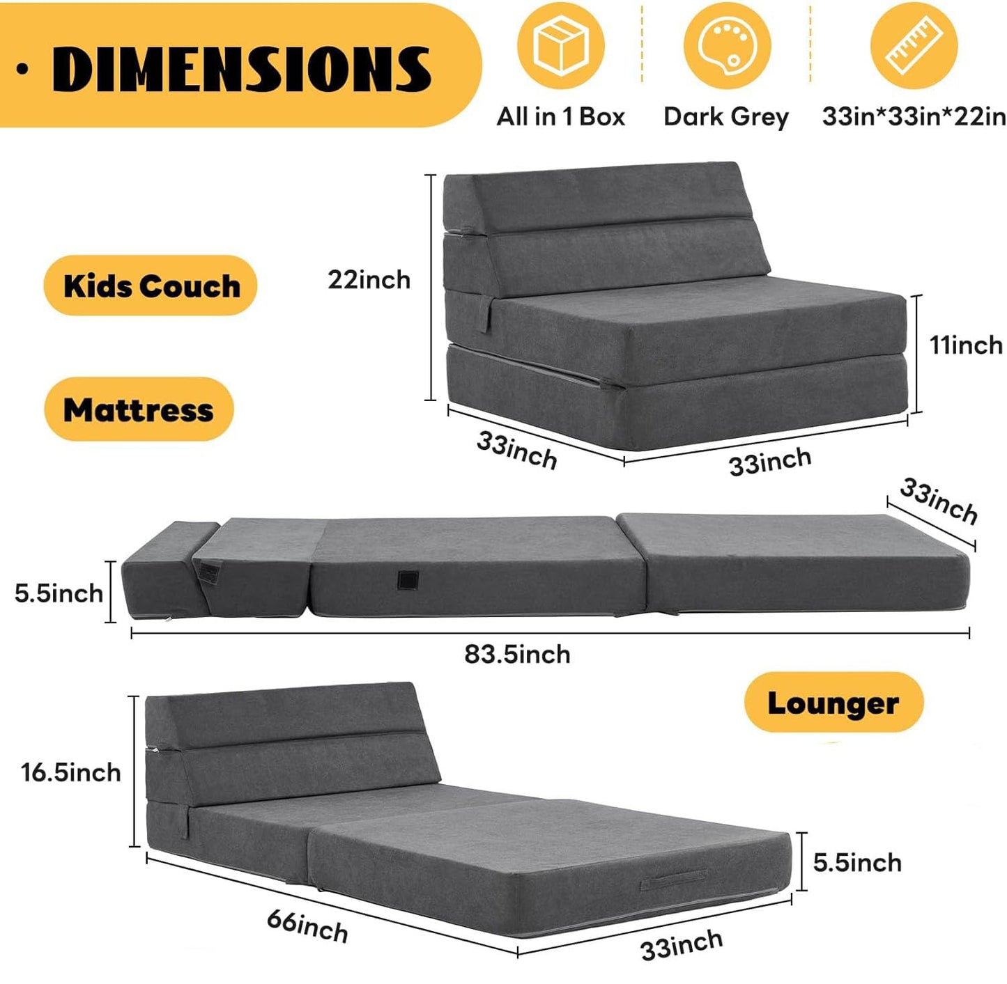 jela Sofa Bed Foldable Mattress Luxury Miss Fabric, Folding Sleeper Sofa Chair Bed Floor Mattress Floor Couch, Fold Out Couch Futon Mattress for Guest Room, Living Room (83"x33",Dark Gray) - WoodArtSupply