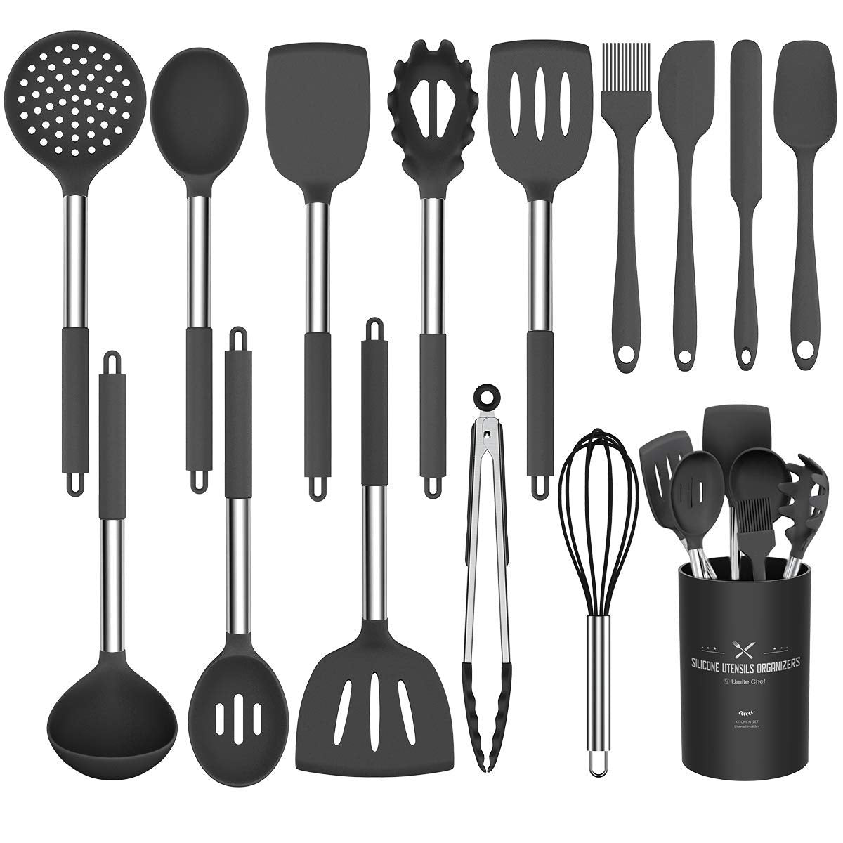 Silicone Cooking Utensil Set, Umite Chef 15pcs Silicone Cooking Kitchen Utensils Set, Non-stick - Best Kitchen Cookware with Stainless Steel Handle - Black Umite Chef