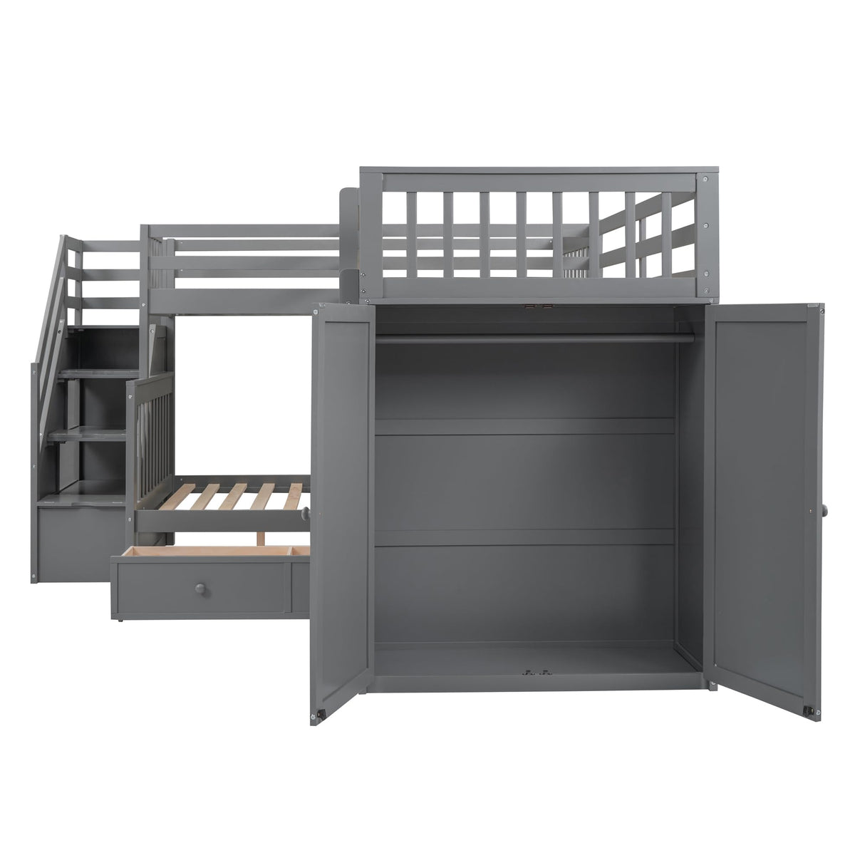 Merax L-Shaped Triple Bunk Bed with Desk & Stairs, Twin & Twin Over Full Bunk Bed for 3, Storage Drawers and Wardrobe Included, for Adults, Boys & Girls, Grey Merax