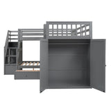 Merax L-Shaped Triple Bunk Bed with Desk & Stairs, Twin & Twin Over Full Bunk Bed for 3, Storage Drawers and Wardrobe Included, for Adults, Boys & Girls, Grey Merax