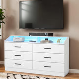 White Dresser for Bedroom, 6 Drawer Dresser with Charging Station, Chests of Drawers with LED Lights, Modern Double Dresser, Storage Cabinet with Drawers for Living Room, Hallway Loomie