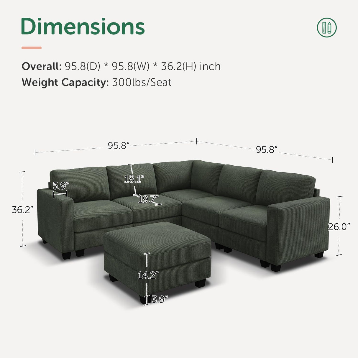 HONBAY Corduroy Modular Sectional Couch with Storage L-Shaped Sectional Couches for Living Room 6 Seater Modular Sofa, Green HONBAY