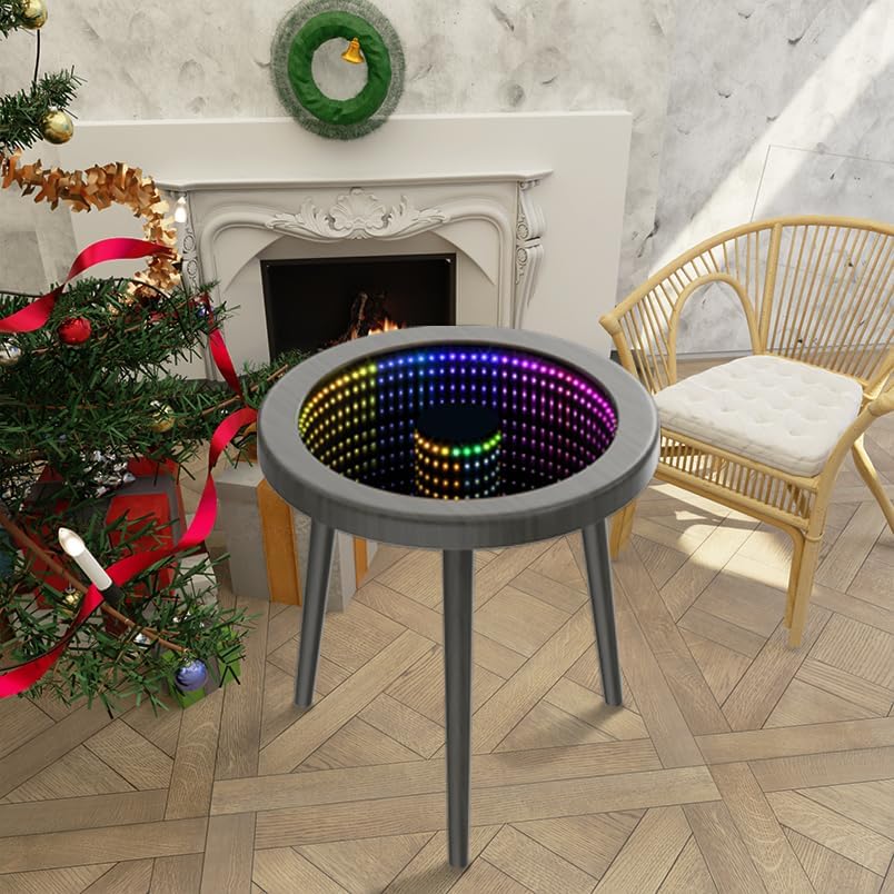 RATTENMO Small Circle Coffee Table -19.7 * 19.7 * 19.5In Nightstand Modern Center Table for Living Room,Tempered Glass Surface with RGB LED Lighting, Smart Control, Office and Bedroom - Black RATTENMO