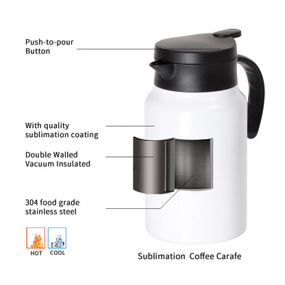 PYD Life Thermal Carafe Sublimation Blanks Coffee Pot 50 OZ White Large 1.5 Liter Stainless Steel Double Wall Vacuum Insulated Flask for Sublimation Oven Print 2 Pack