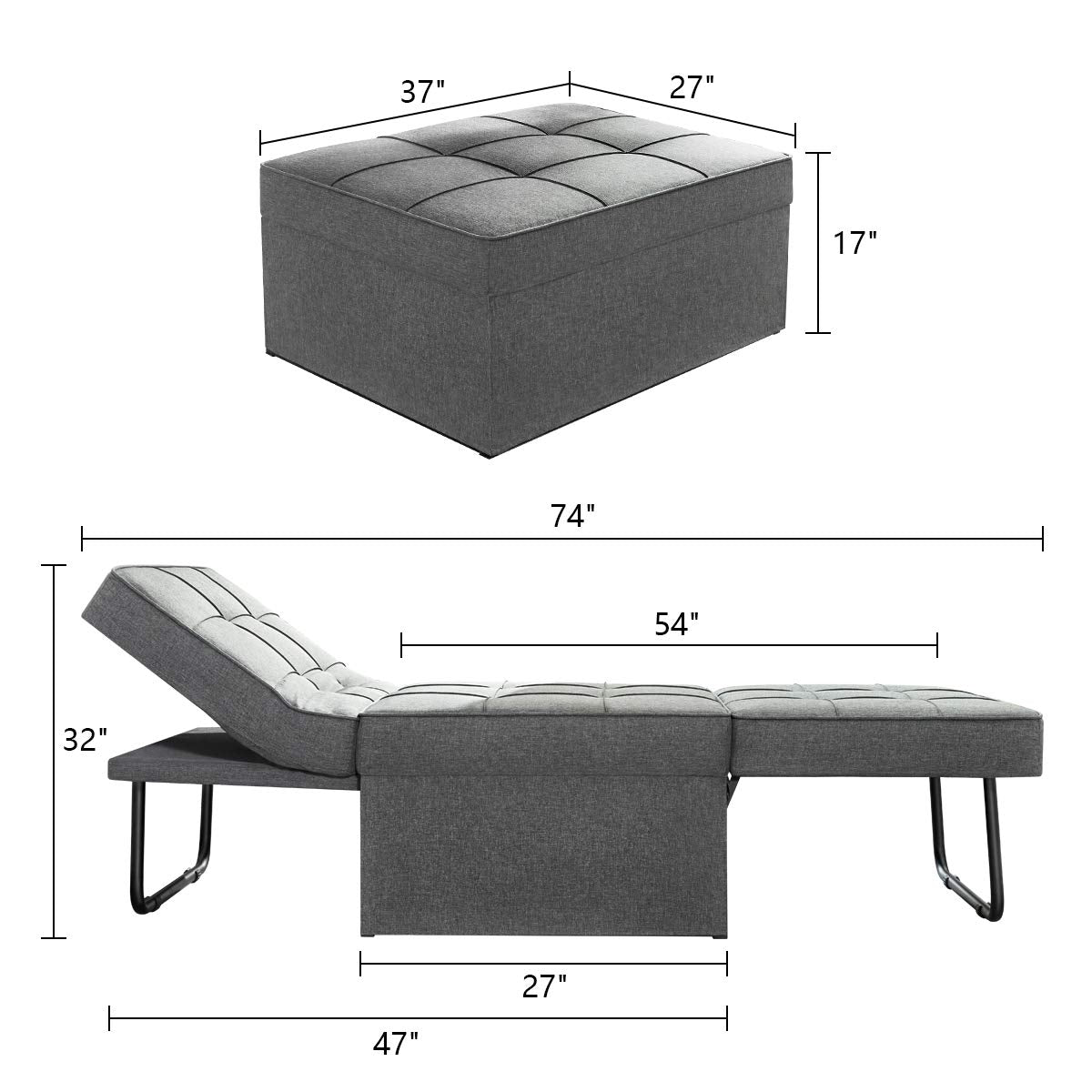 Vonanda Sofa Bed, Convertible Chair 4 in 1 Multi-Function Folding Ottoman Modern Breathable Linen Guest Bed with Adjustable Sleeper for Small Room Apartment,Dark Gray Vonanda