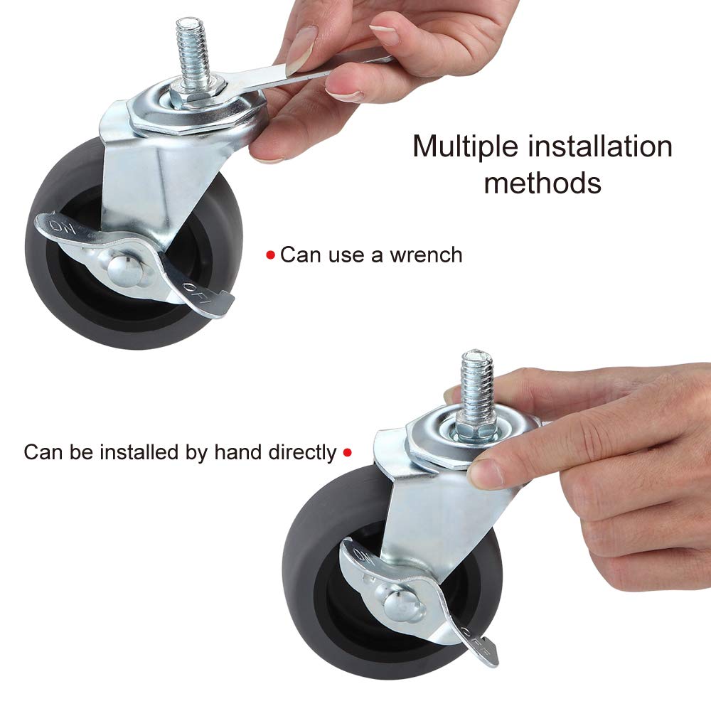 WHARSTM Caster Wheels, 3" Locking Swivel Stem Casters Set with Brake of 4, 3/8"-16 x 1" (Screw Diameter 3/8", Length 1")Rubber Casters with 360 Degree No Noise Wheels WHARSTM