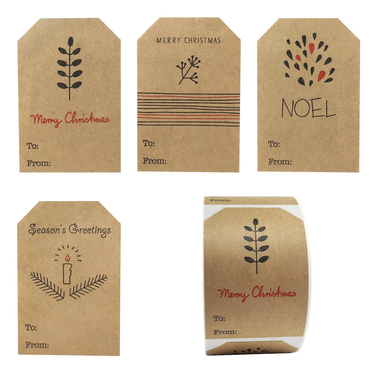 Boho Simple Christmas Gift Tag Adhesive Stickers – 2 x 3 Inch Labels, Roll of 100 with Minimalist Designs – Merry Christmas, Noel, and Candle, Made in The USA InStockLabels.com