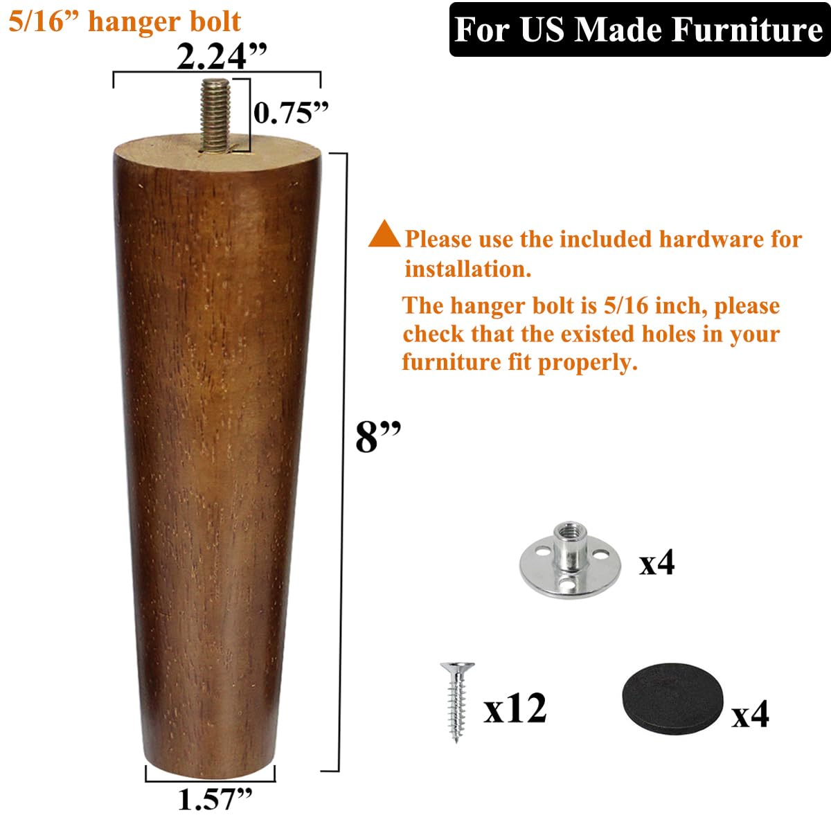 AORYVIC Furniture Leg Sofa Legs Replacement Wood 8 inch Mid Century Dresser Legs with 5/16 inch Bolt Set of 4 AORYVIC