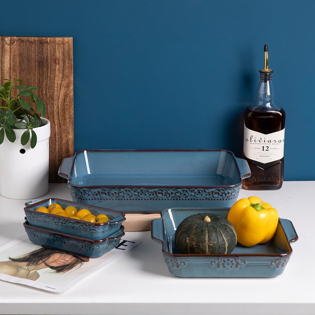 Sweejar Casserole Dishes for Oven, Ceramic Bakeware Set of 4, Rectangular Baking Dish with Handles, Lasagna Pans for Cooking, Gratin, Roasting, Banquet and Daily Use (Kiln-Change Blue) Sweejar