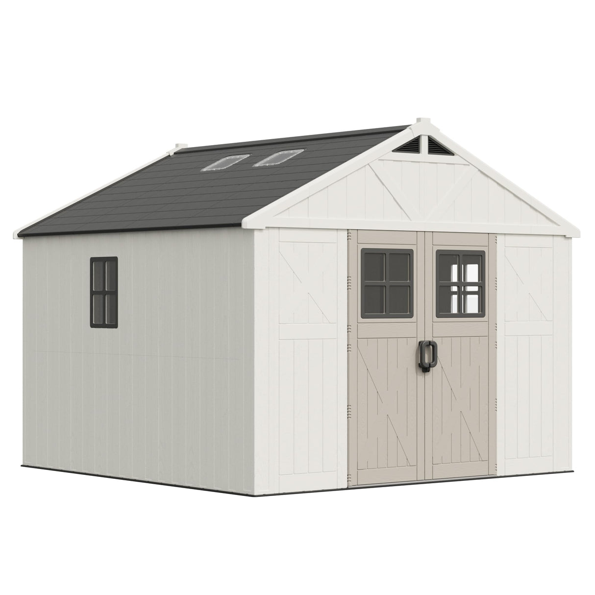 Greesum 10x10 FT Plastic Outdoor Storage Shed with Floor, Resin Sheds with Windows and Skylights, Weather Resistant Organization with Lockable Door, for Garden, Lawn, Pool Supplies, Beige Greesum
