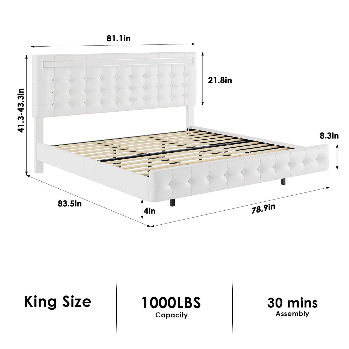 Keyluv Floating King Bed Frame with LED Lights and Adjustable Headboard in White - WoodArtSupply