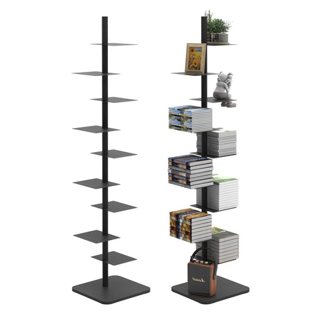 Choowin 9-Shelf Metal Spine Bookshelf Vertical Bookshelf, Adjustable Modern Floating Narrow Tree Book Shelf Book Tower, Display Shelf for Bedroom Living Room Office, 70 inch Tall, Black Choowin